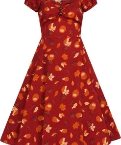 New In Collectif Dolores Hedgehogs & Leaves 50's Swing Dress Red