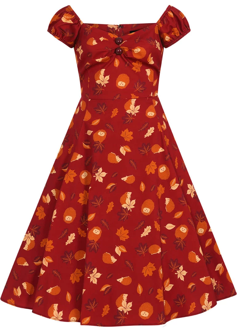 New In Collectif Dolores Hedgehogs & Leaves 50's Swing Dress Red