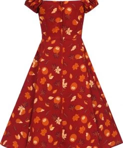 New In Collectif Dolores Hedgehogs & Leaves 50's Swing Dress Red