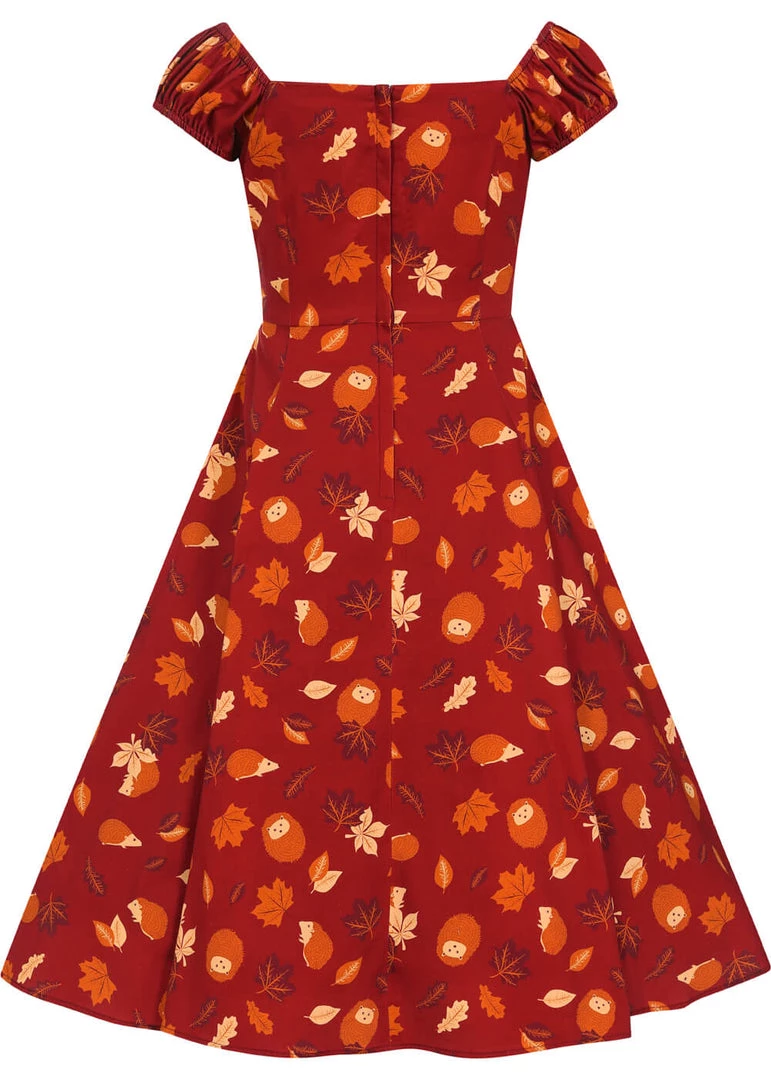 New In Collectif Dolores Hedgehogs & Leaves 50's Swing Dress Red