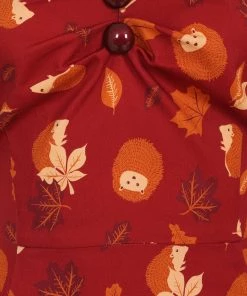 New In Collectif Dolores Hedgehogs & Leaves 50's Swing Dress Red