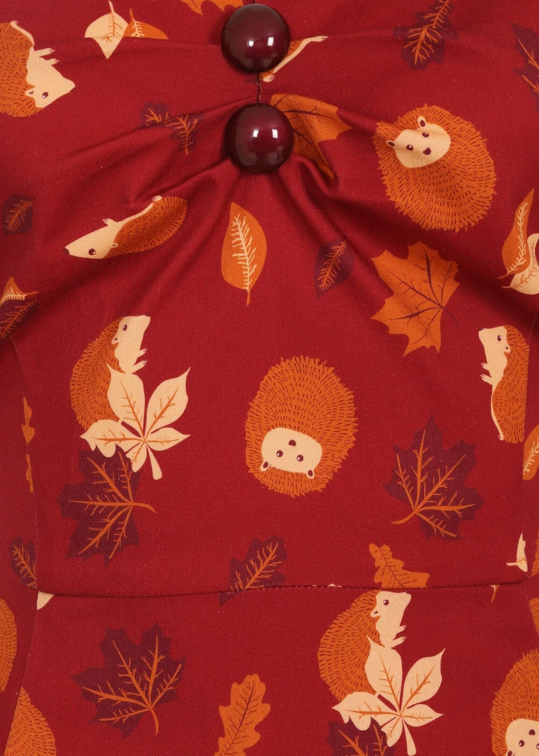 New In Collectif Dolores Hedgehogs & Leaves 50's Swing Dress Red