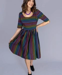 Collectif Amber-Lea Dark Rainbow 50's Swing Dress Multi New In