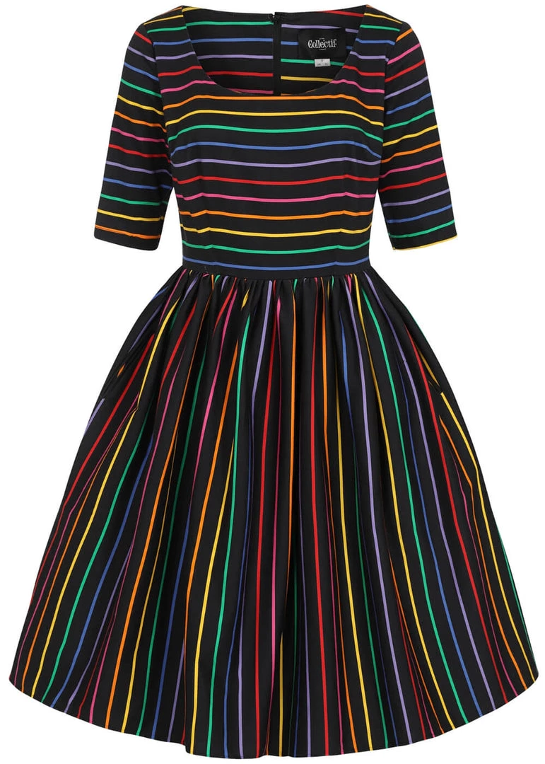 Collectif Amber-Lea Dark Rainbow 50's Swing Dress Multi New In
