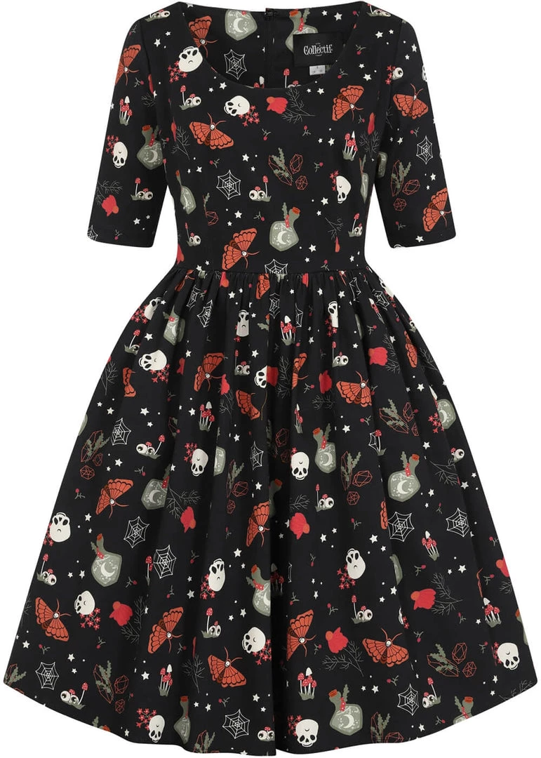 New In Collectif Amber-Lea Witches Garden 50's Swing Dress Black