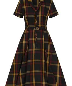 New In Collectif Caterina Giles Check 50's Swing Dress Wine