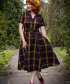 New In Collectif Caterina Giles Check 50's Swing Dress Wine