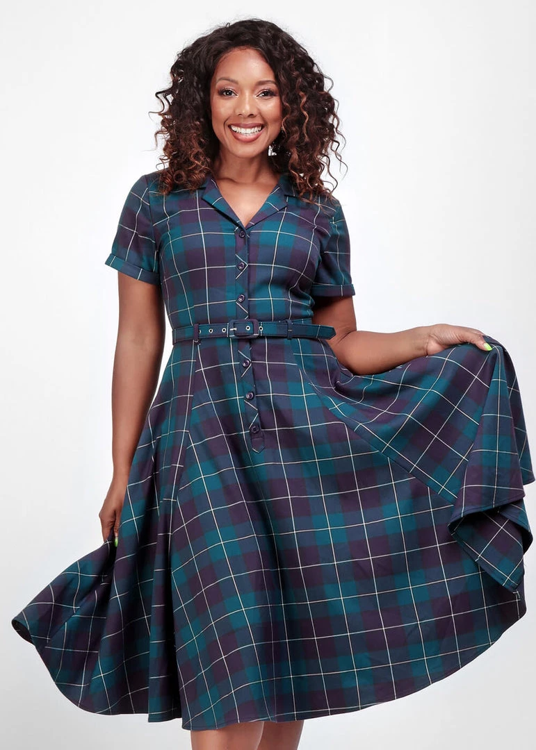 New In Collectif Caterina Mermaid Check 50's Swing Dress Teal