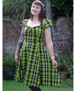 New In Collectif Mimi Frogs Breath Check 50's Swing Dress Green