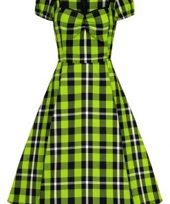 New In Collectif Mimi Frogs Breath Check 50's Swing Dress Green