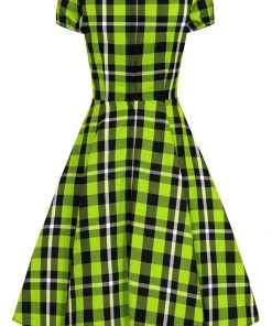 New In Collectif Mimi Frogs Breath Check 50's Swing Dress Green