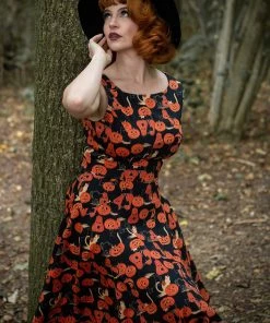 New In Collectif Hepburn Pumpkins Cats 50's Swing Dress Black