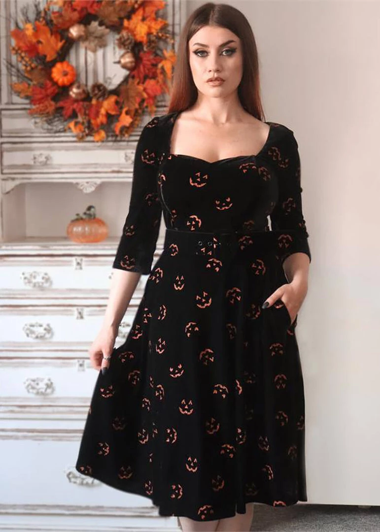 Collectif Eliana Pumpkin Glitter 50's Swing Dress Black Orange New In