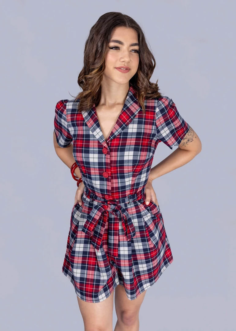 Collectif Hattie Sherwood Check 40's Playsuit Multicolour