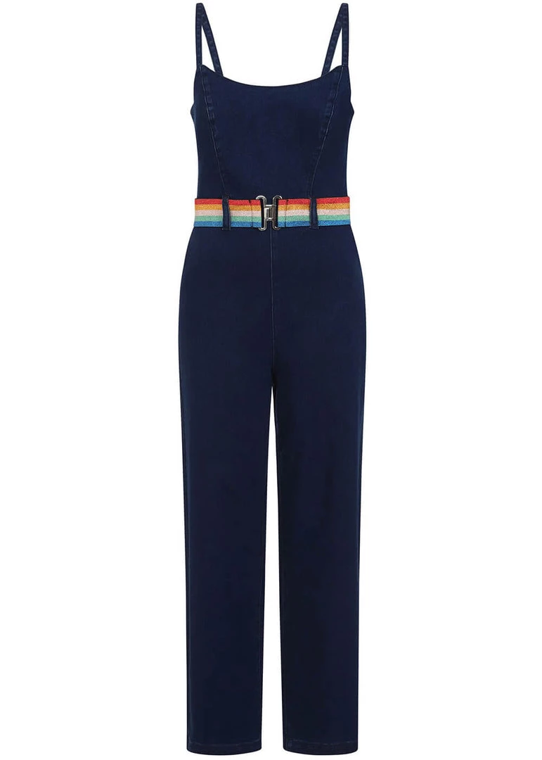 Collectif Iris Rainbow Denim Dungarees Blue New In