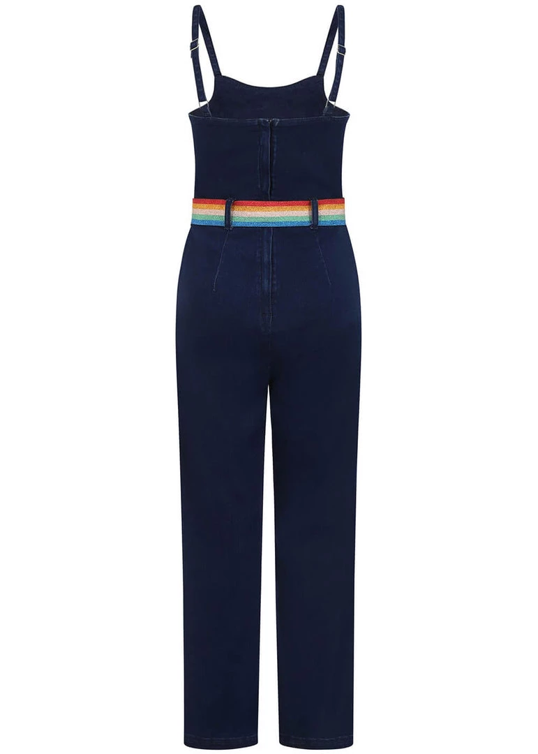 Collectif Iris Rainbow Denim Dungarees Blue New In