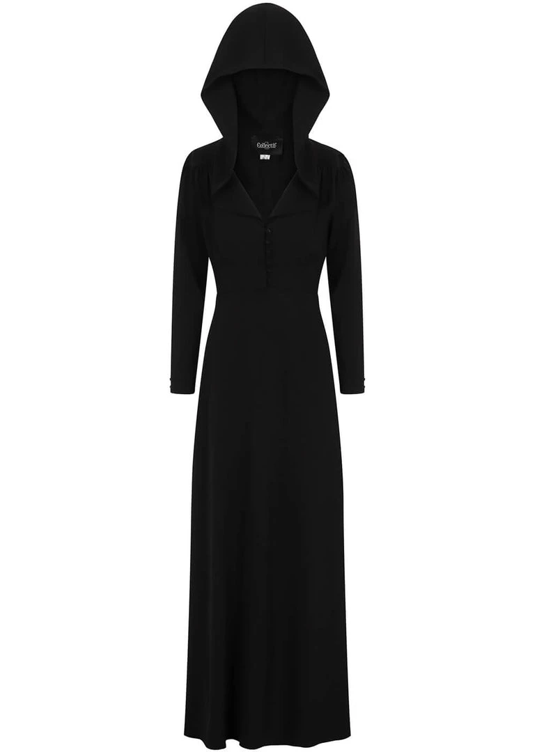 New In Collectif Galadriel Hooded 70's Maxi Dress Black