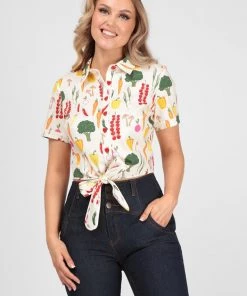 New In Collectif Sammy Vegetable Medley 50's Blouse Cream