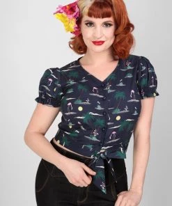 Collectif Misty Flamingo Palm 40's Blouse Navy
