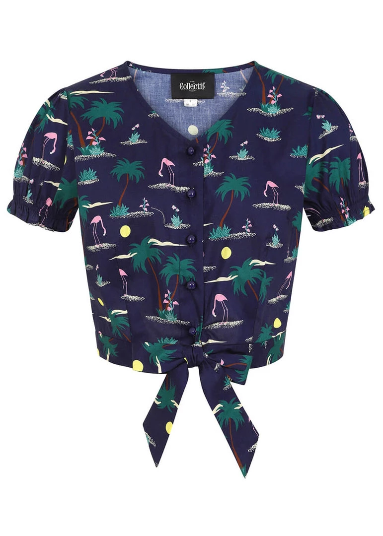 Collectif Misty Flamingo Palm 40's Blouse Navy