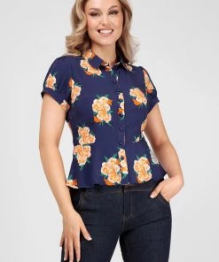 Collectif Mary Grace Spring Floral 40's Blouse In Navy