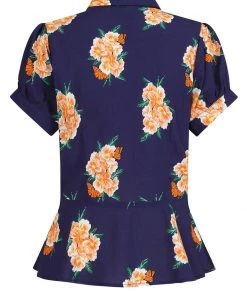 Collectif Mary Grace Spring Floral 40's Blouse In Navy