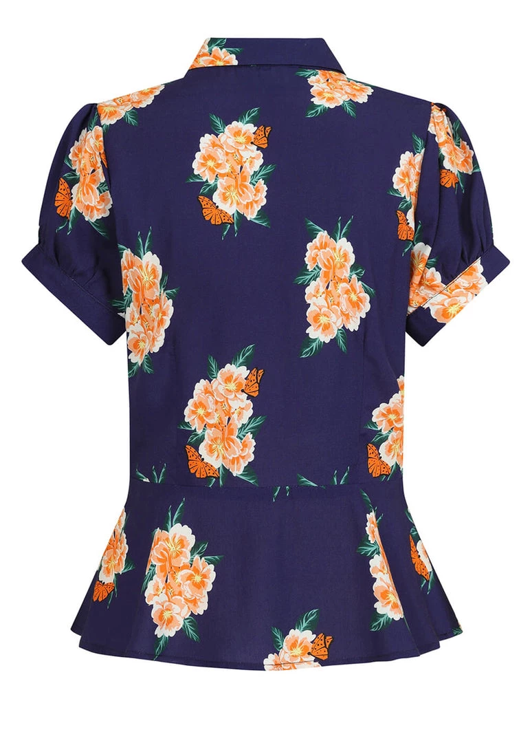 Collectif Mary Grace Spring Floral 40's Blouse In Navy