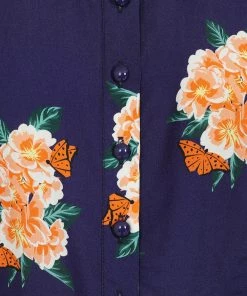 Collectif Mary Grace Spring Floral 40's Blouse In Navy