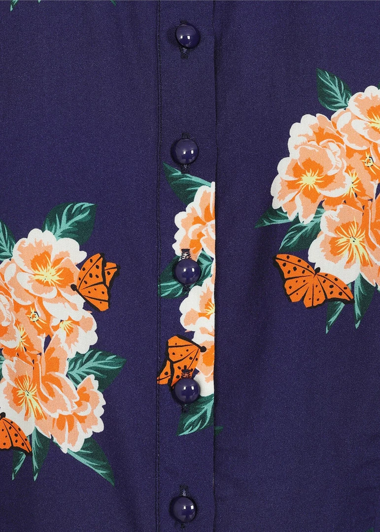 Collectif Mary Grace Spring Floral 40's Blouse In Navy