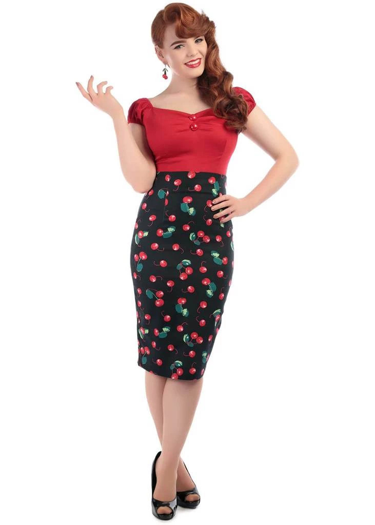 New In Collectif Fiona 50's Cherry Pencil Skirt Black Red Multi