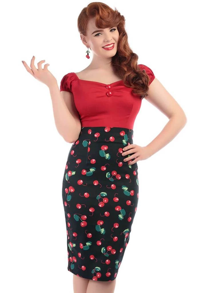 New In Collectif Fiona 50's Cherry Pencil Skirt Black Red Multi