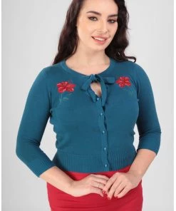 Collectif Charlene Eden Floral 50's Cardigan Teal