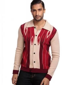 Collectif Men Luca Diamond Long Sleeve 60's Cardigan Red New In