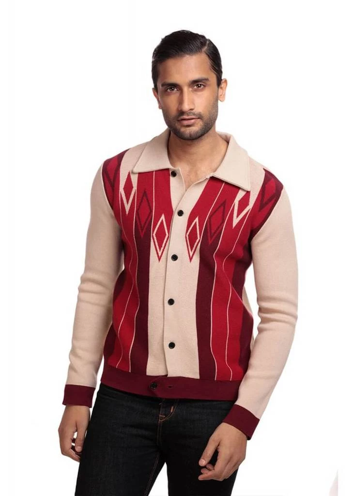 Collectif Men Luca Diamond Long Sleeve 60's Cardigan Red New In