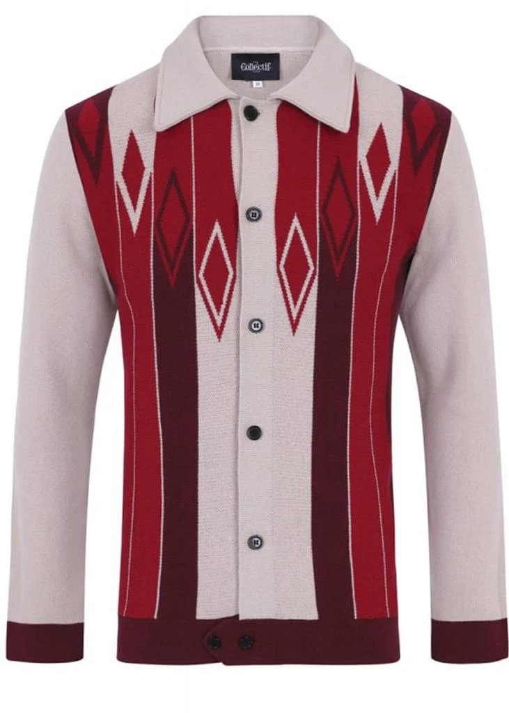 Collectif Men Luca Diamond Long Sleeve 60's Cardigan Red New In