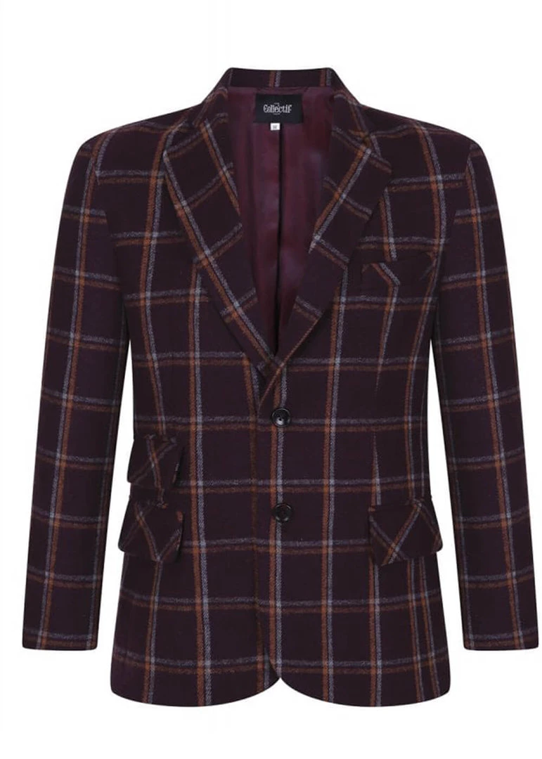 Collectif Men John Check Jacket Burgundy New In