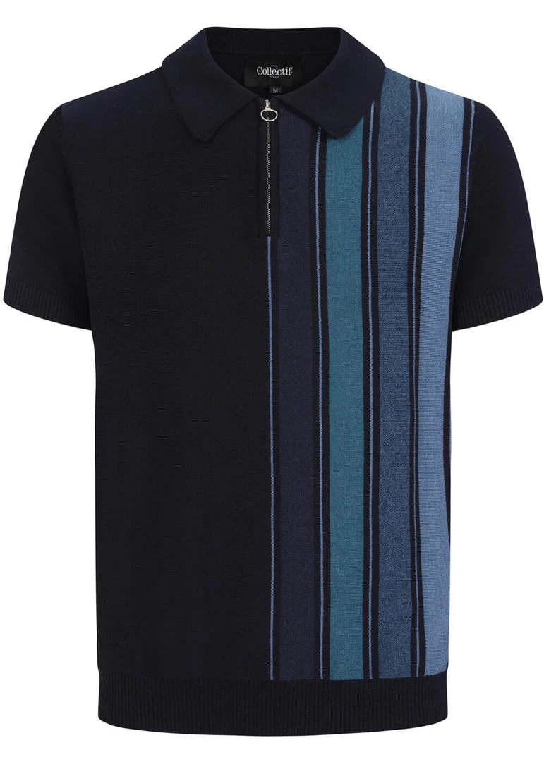 New In Collectif Men Pablo Moonbeam Knitted 50's Polo Shirt Blue