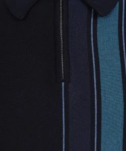 New In Collectif Men Pablo Moonbeam Knitted 50's Polo Shirt Blue