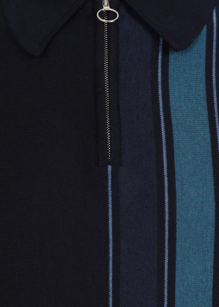 New In Collectif Men Pablo Moonbeam Knitted 50's Polo Shirt Blue