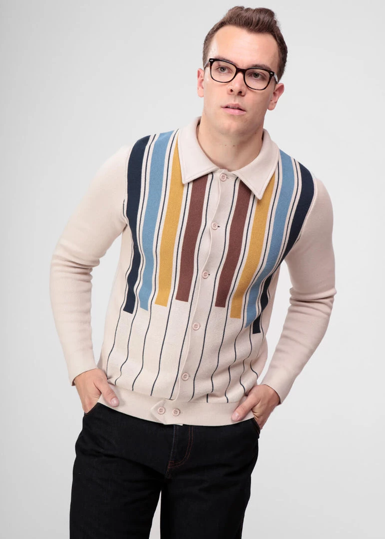 Collectif Men Luca Earth Stripe 50's Cardigan Cream New In