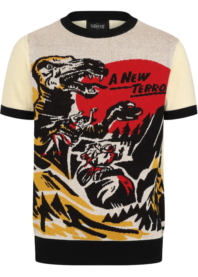 Collectif Men Scott Dino Attack Knitted 50's Top Cream New In