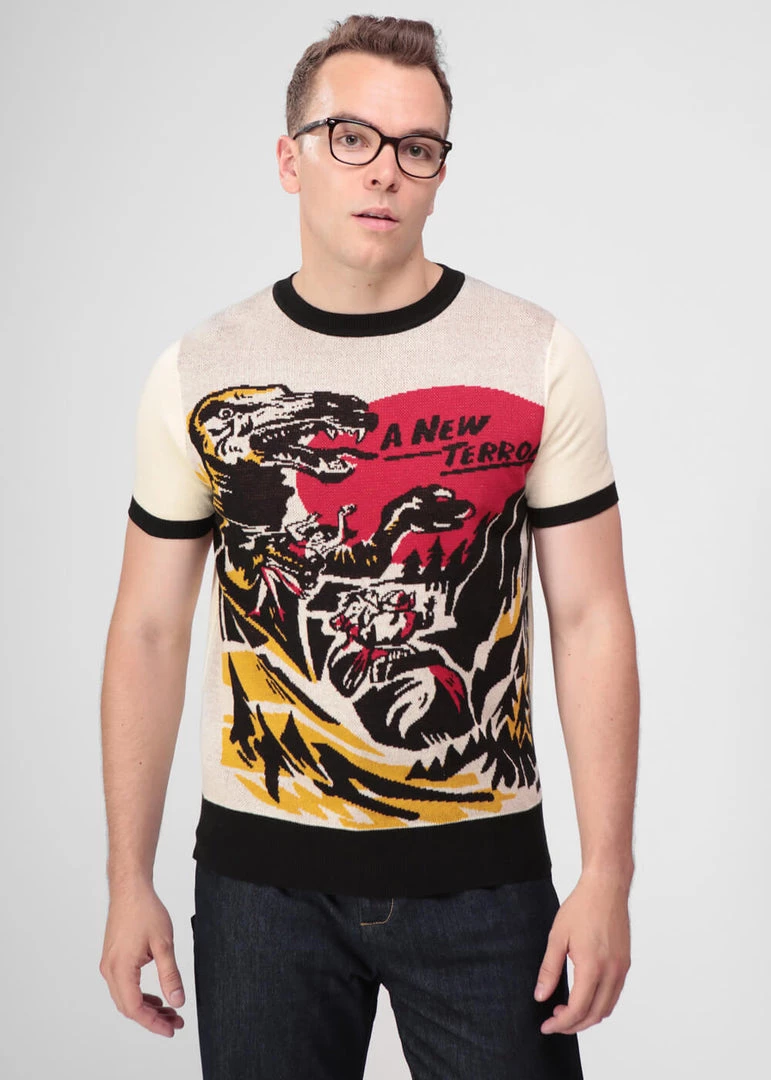 Collectif Men Scott Dino Attack Knitted 50's Top Cream New In