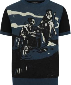 New In Collectif Mens Scott Blues Night 50's Jumper Blue