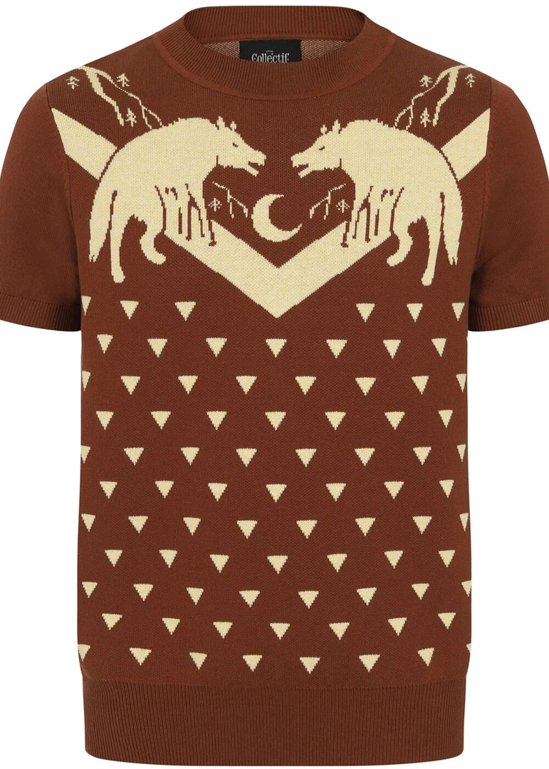 New In Collectif Mens Scott Mountain Wolf 50's Jumper Brown
