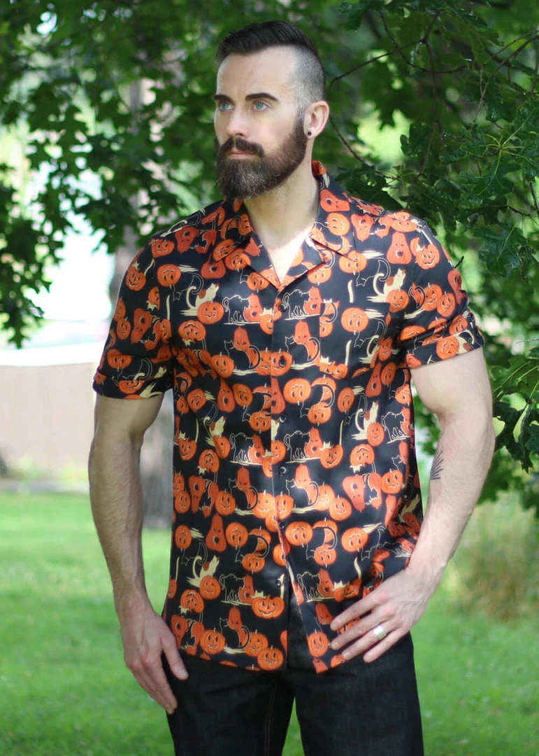 Collectif Men Oscar Pumpkins And Cats Shirt Black New In