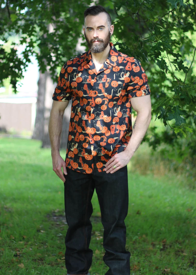 Collectif Men Oscar Pumpkins And Cats Shirt Black New In