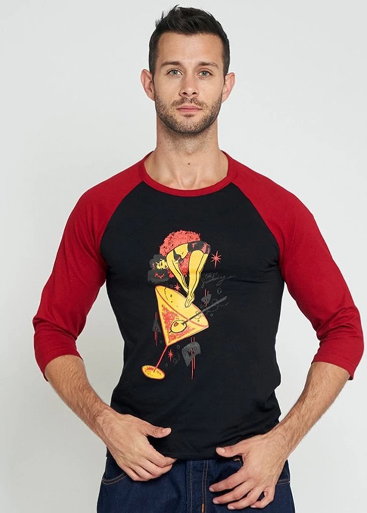 New In Collectif Mens Jake Let's Go Swimming 50's T-Shirt Black Burgundy