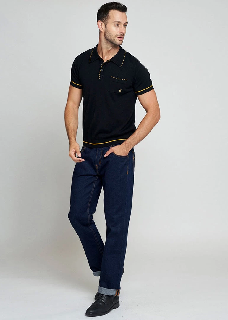 New In Collectif Mens Peru Dalston 50's Polo Black Yellow