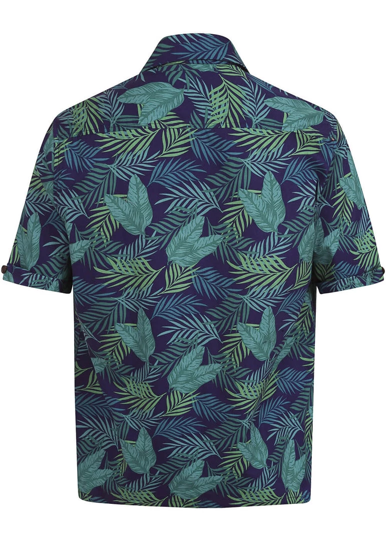 New In Collectif Mens Cesar Dark Palm Shirt Blue