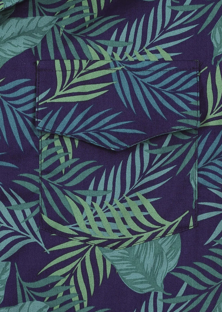 New In Collectif Mens Cesar Dark Palm Shirt Blue